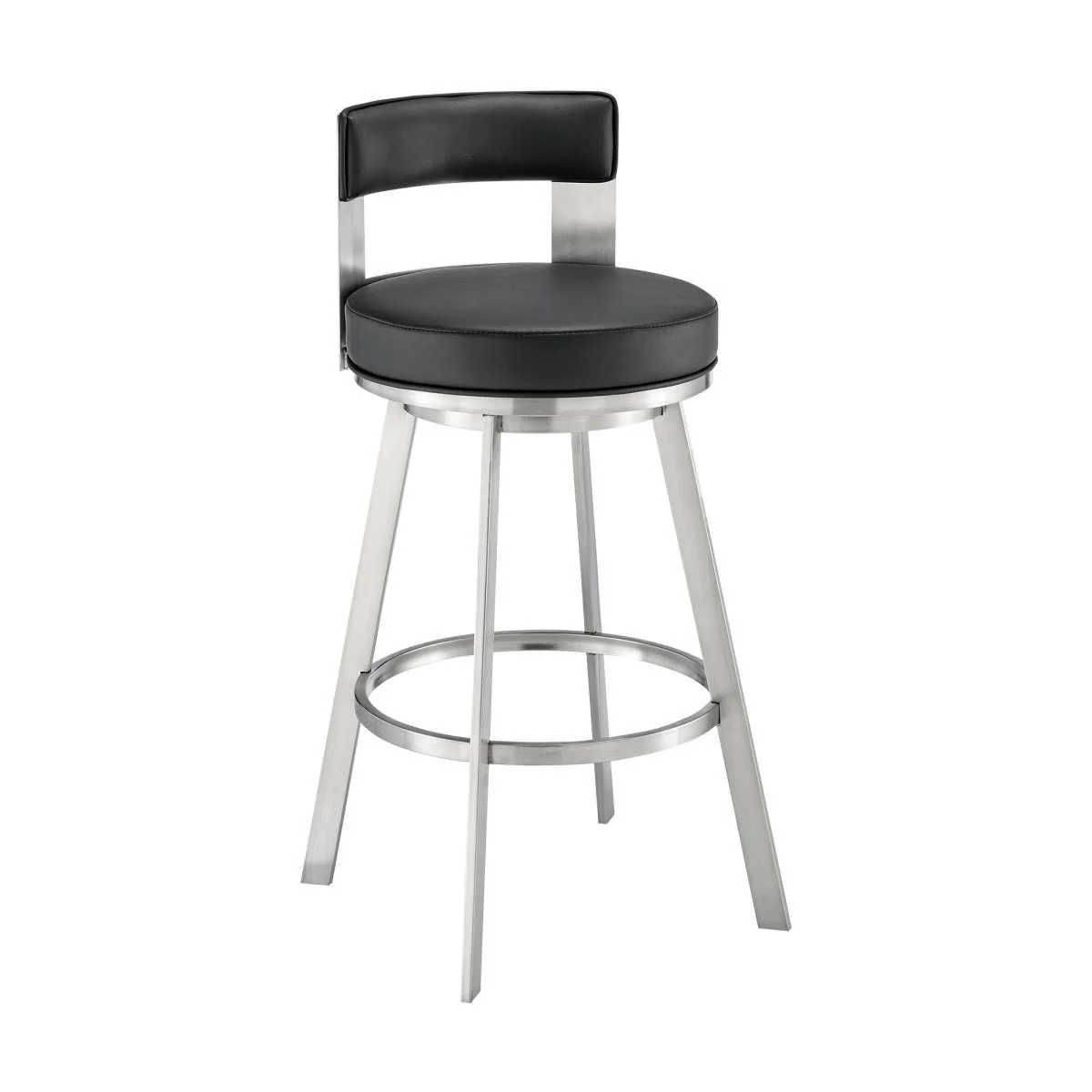 Flynn 30" Swivel Bar Stool in Brushed Stainless Steel with Black Faux Leather By Armen Living - Image 2