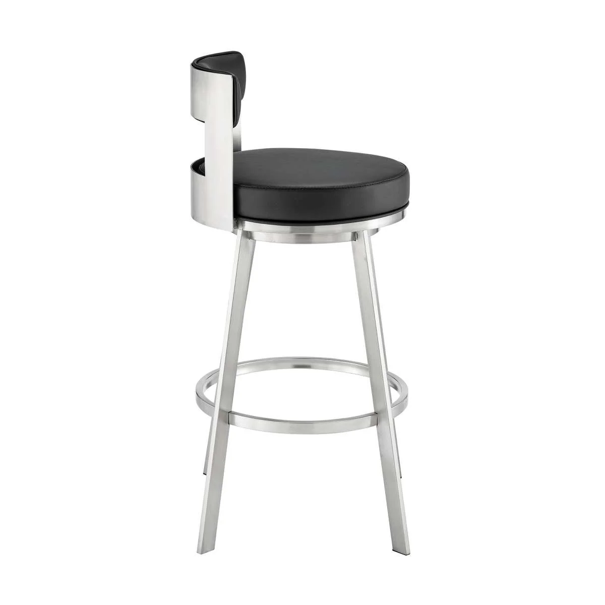 Flynn 30" Swivel Bar Stool in Brushed Stainless Steel with Black Faux Leather By Armen Living - Image 3
