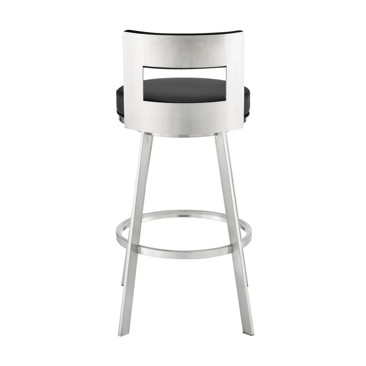Flynn 30" Swivel Bar Stool in Brushed Stainless Steel with Black Faux Leather By Armen Living - Image 4