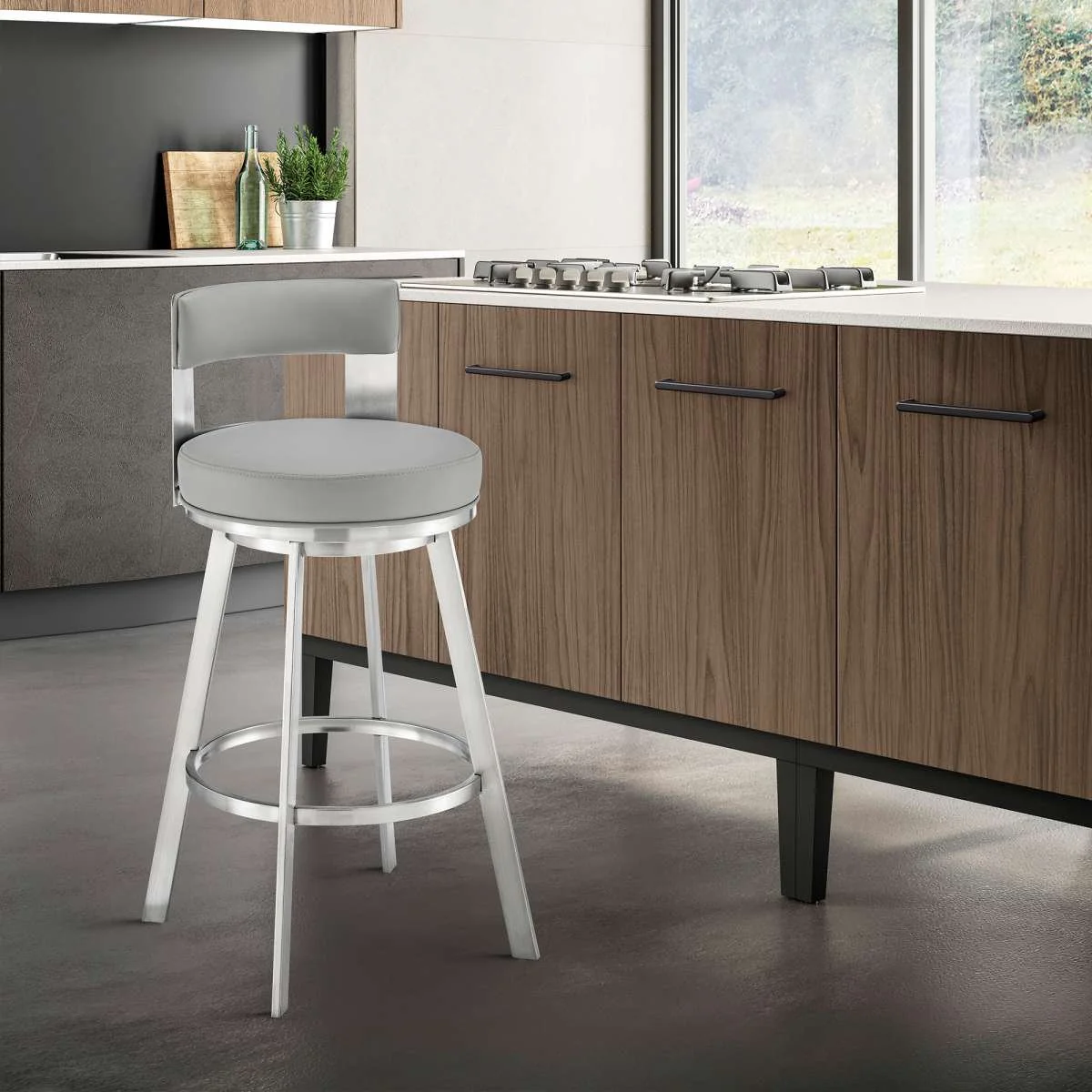 Flynn 30" Swivel Bar Stool in Brushed Stainless Steel with Black Faux Leather By Armen Living - Image 8