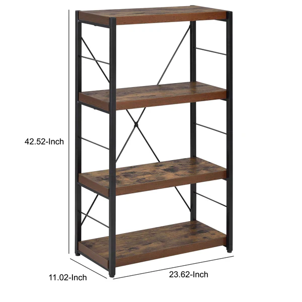Four Tiered Metal Framed Wooden Bookshelf, Weathered Oak Brown and Black By Benzara - Image 2