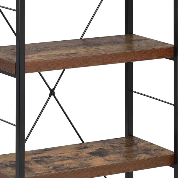 Four Tiered Metal Framed Wooden Bookshelf, Weathered Oak Brown and Black By Benzara - Image 4