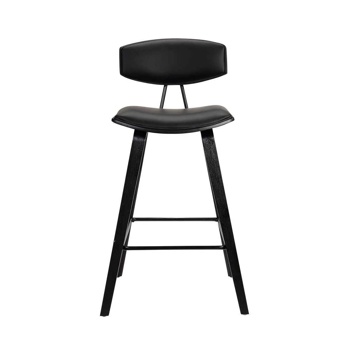 Fox 28.5" Bar Height Black Faux Leather and Black Wood Mid-Century Modern Bar Stool By Armen Living - Image 2