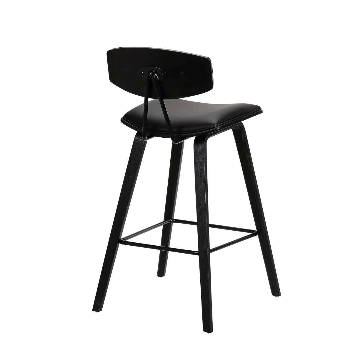 Fox 28.5" Bar Height Black Faux Leather and Black Wood Mid-Century Modern Bar Stool By Armen Living - Image 3