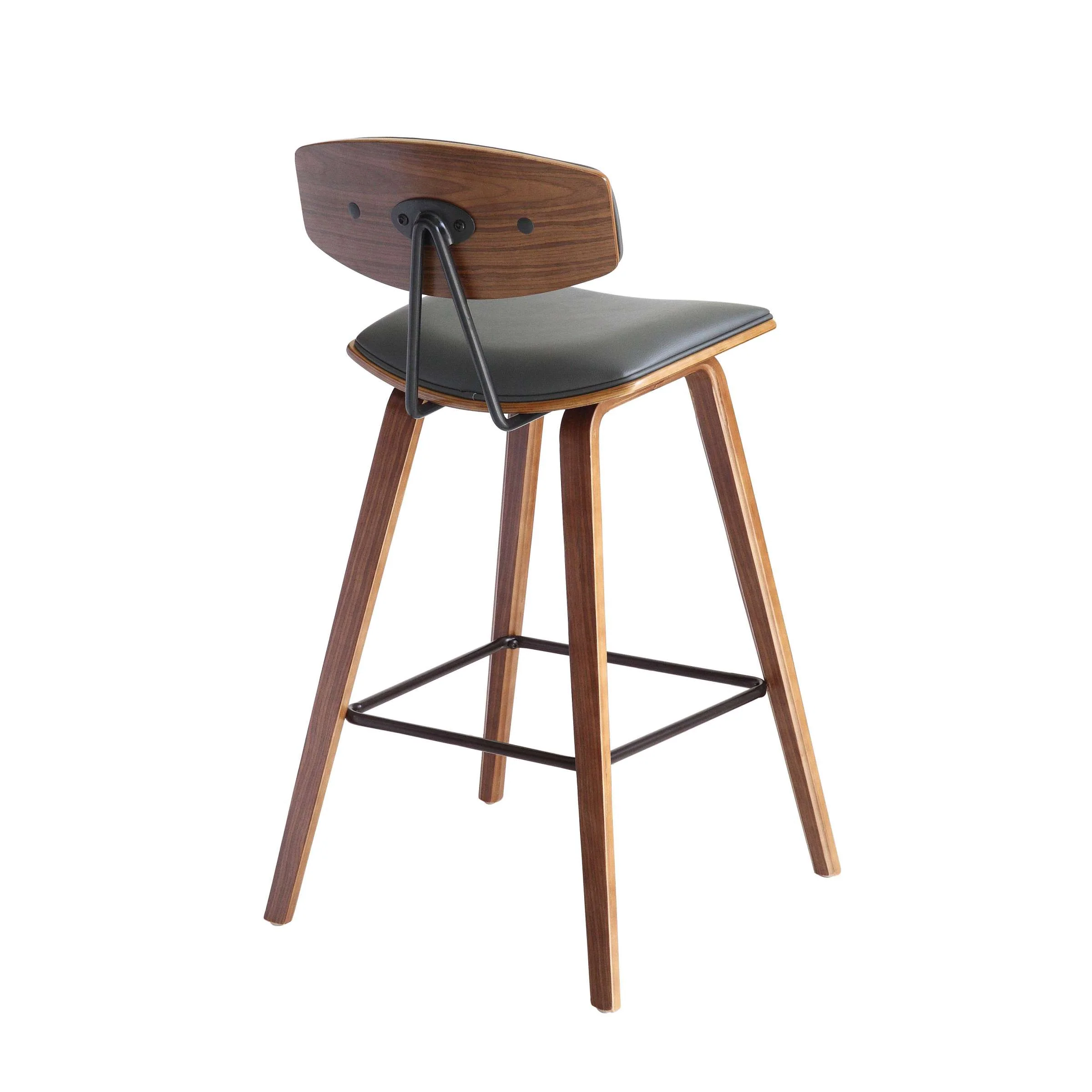Fox 28.5" Bar Height Grey Faux Leather and Walnut Wood Mid-Century Modern Bar Stool By Armen Living - Image 3