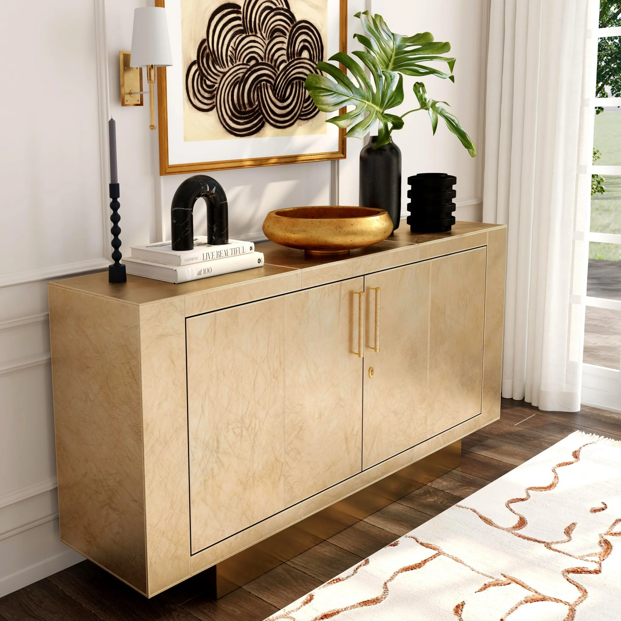 Francois Gold Leather Buffet By Homeroots - Image 2
