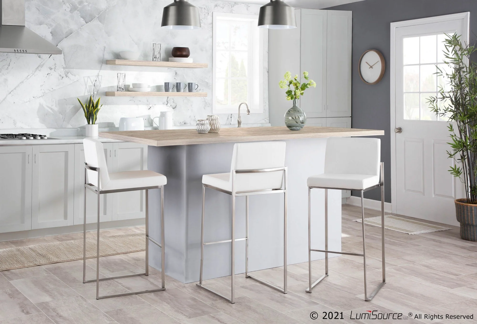 Fuji High Back 30" Fixed-Height Barstool - Set of 3 By LumiSource - B30-FUJIHBPU SSGY3 - Image 10