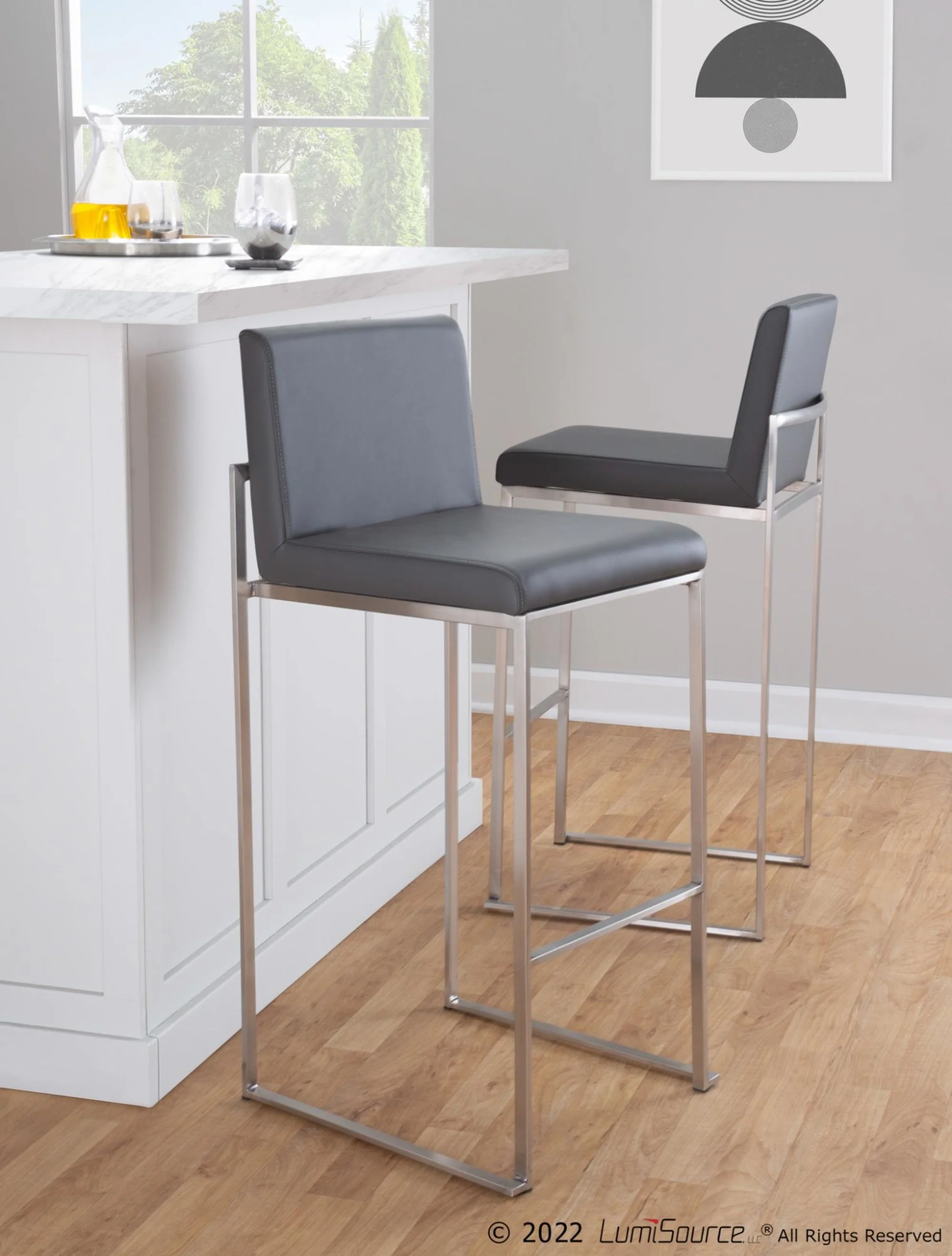 Fuji High Back 30" Fixed-Height Barstool - Set of 3 By LumiSource - B30-FUJIHBPU SSGY3 - Image 3
