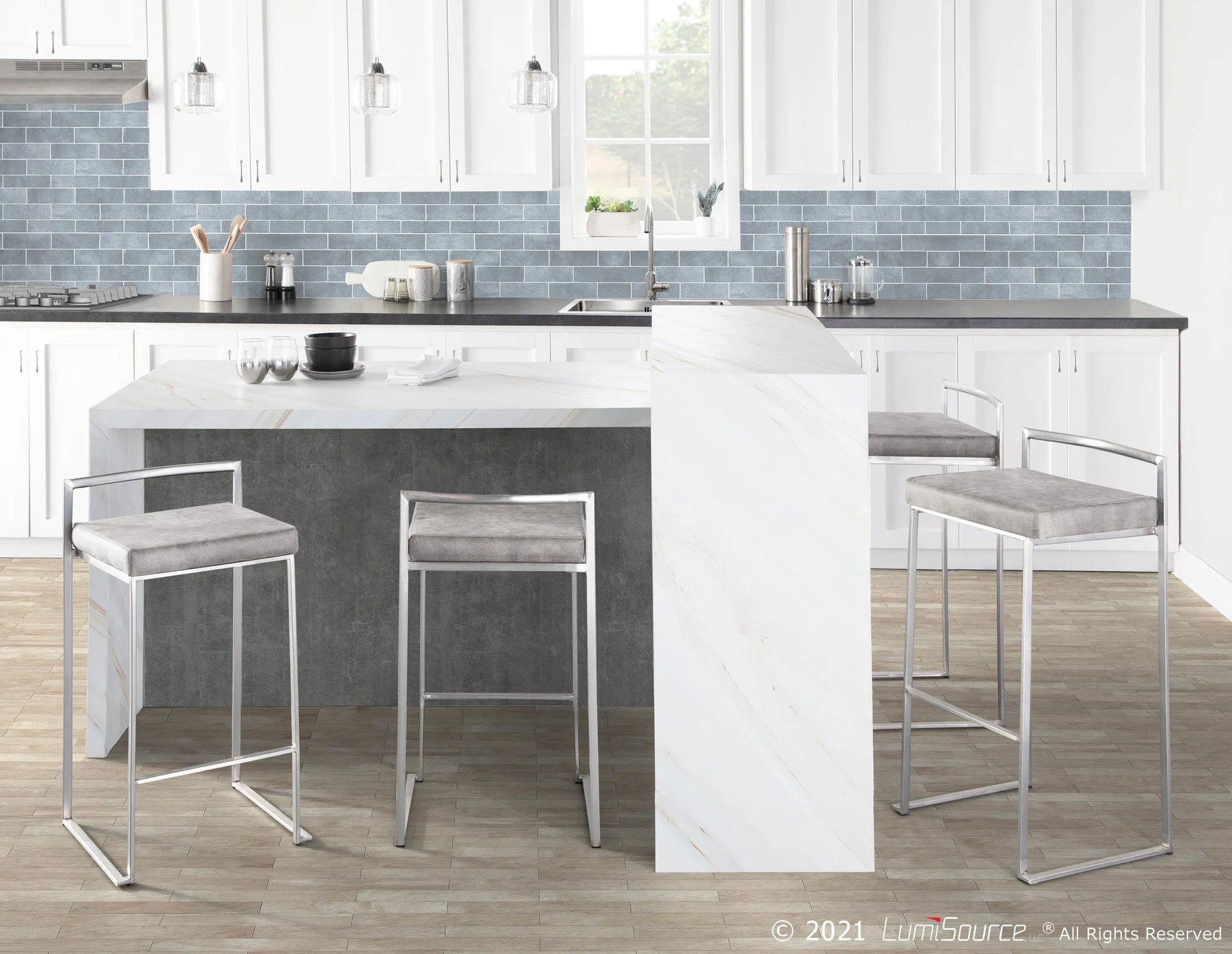 Fuji Stacker 26" Fixed-Height Counter Stool - Set of 3 By LumiSource - B26-FUJIFB SSLGY3 - Image 2