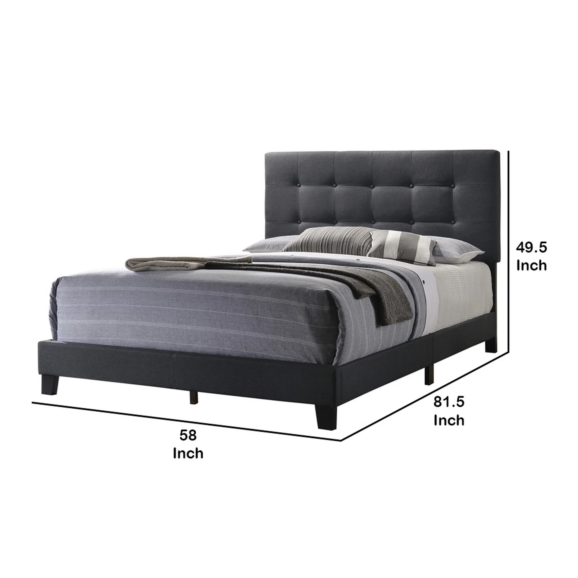 Full Size Bed With Square Button Tufted Headboard, Dark Gray By Benzara - Image 5