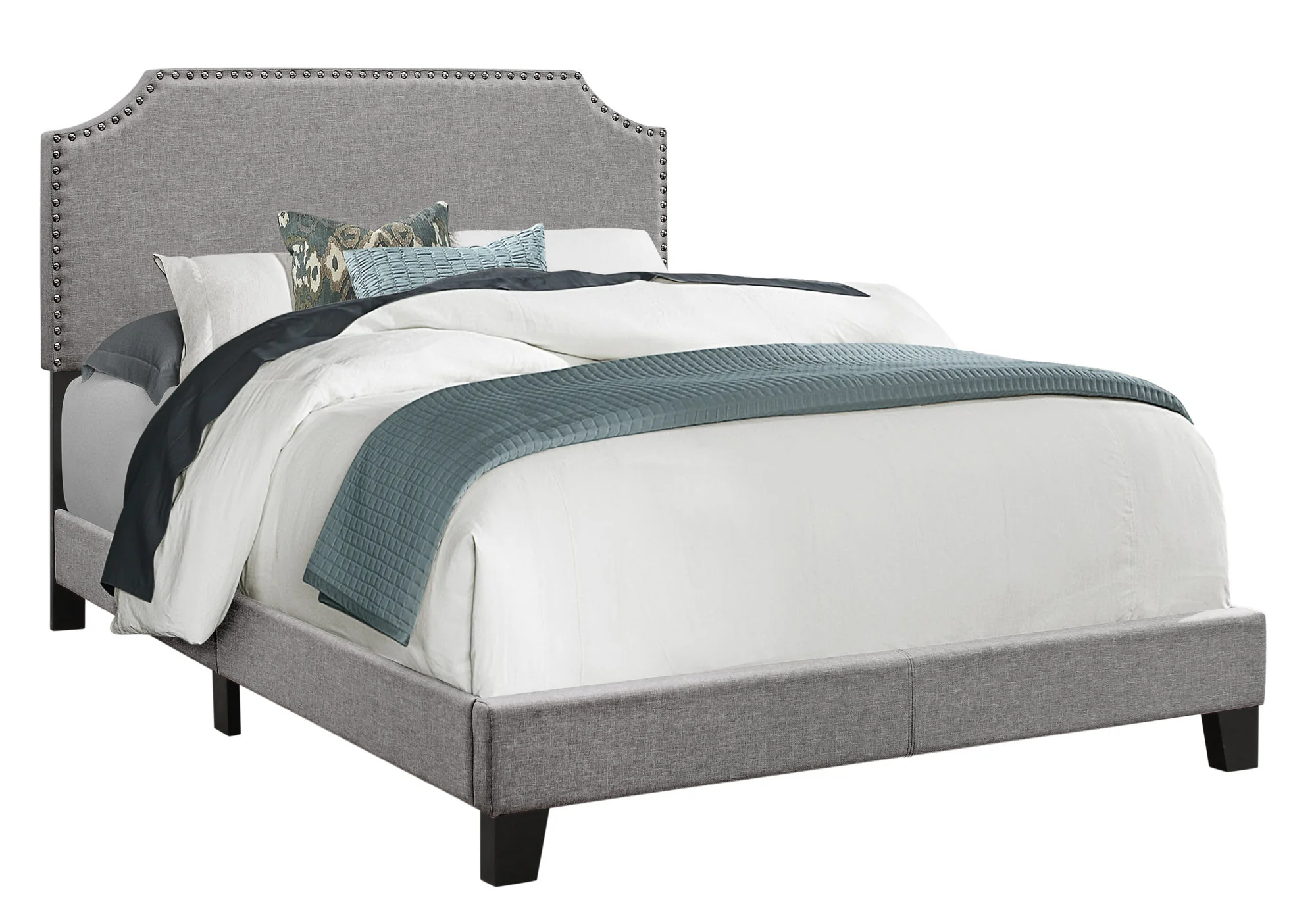 Full Size Grey Linen With Chrome Trim And Solid Wood Black Feet Bed By Homeroots - Image 2