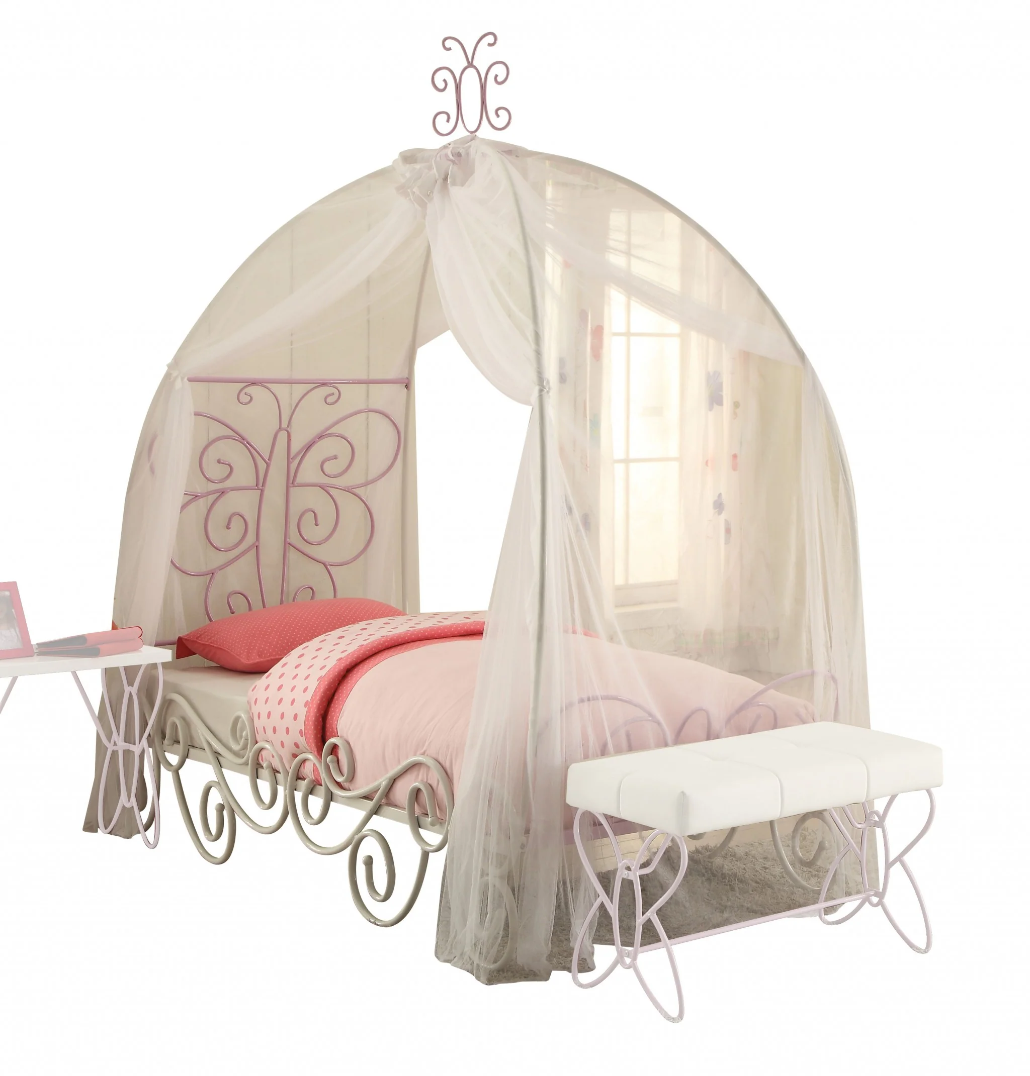 Full White And Light Purple Metal Tube Bed With Canopy By Homeroots - Image 2