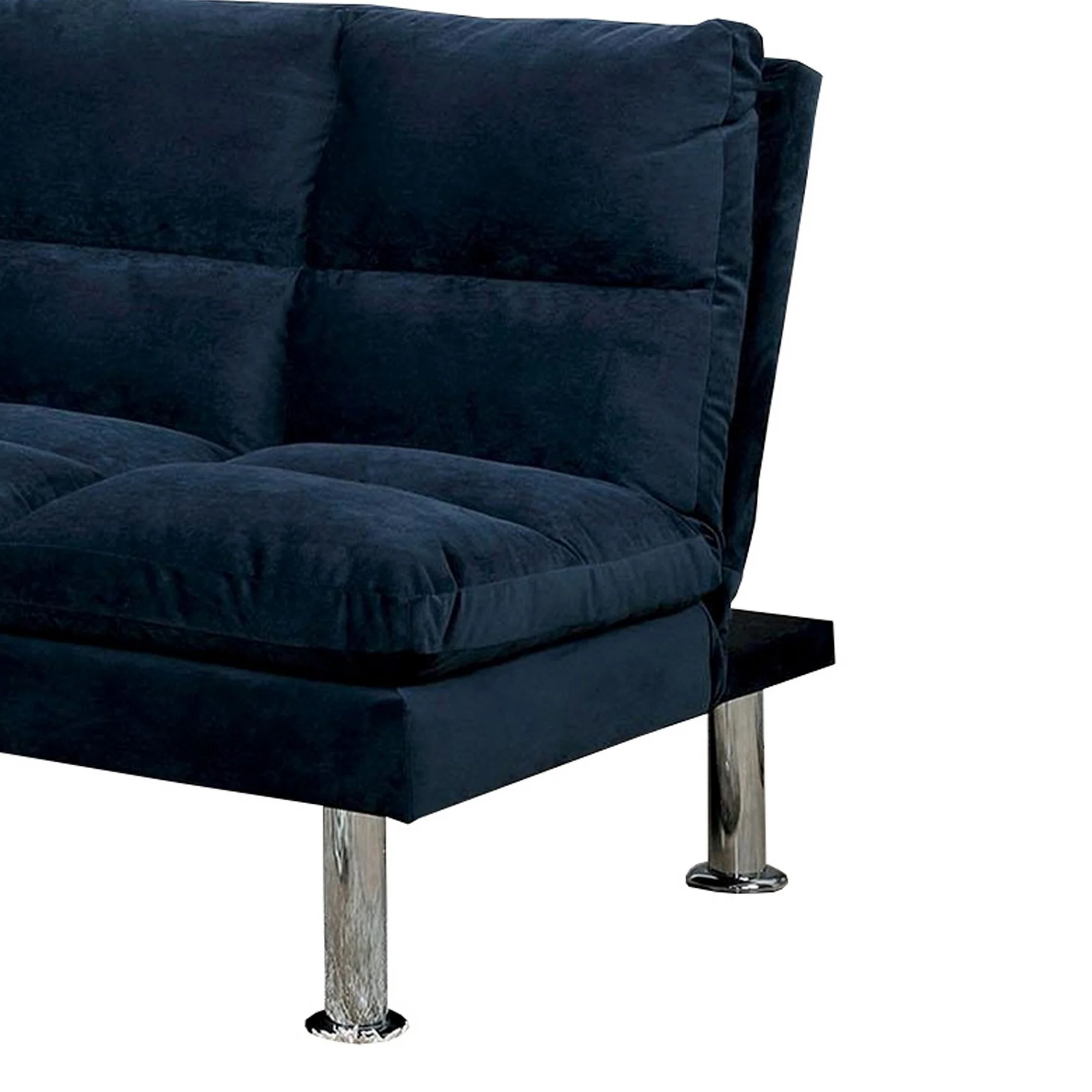 Futon Sofa With Tufted Padded Seating And Metal Legs Blue By Benzara - Image 2