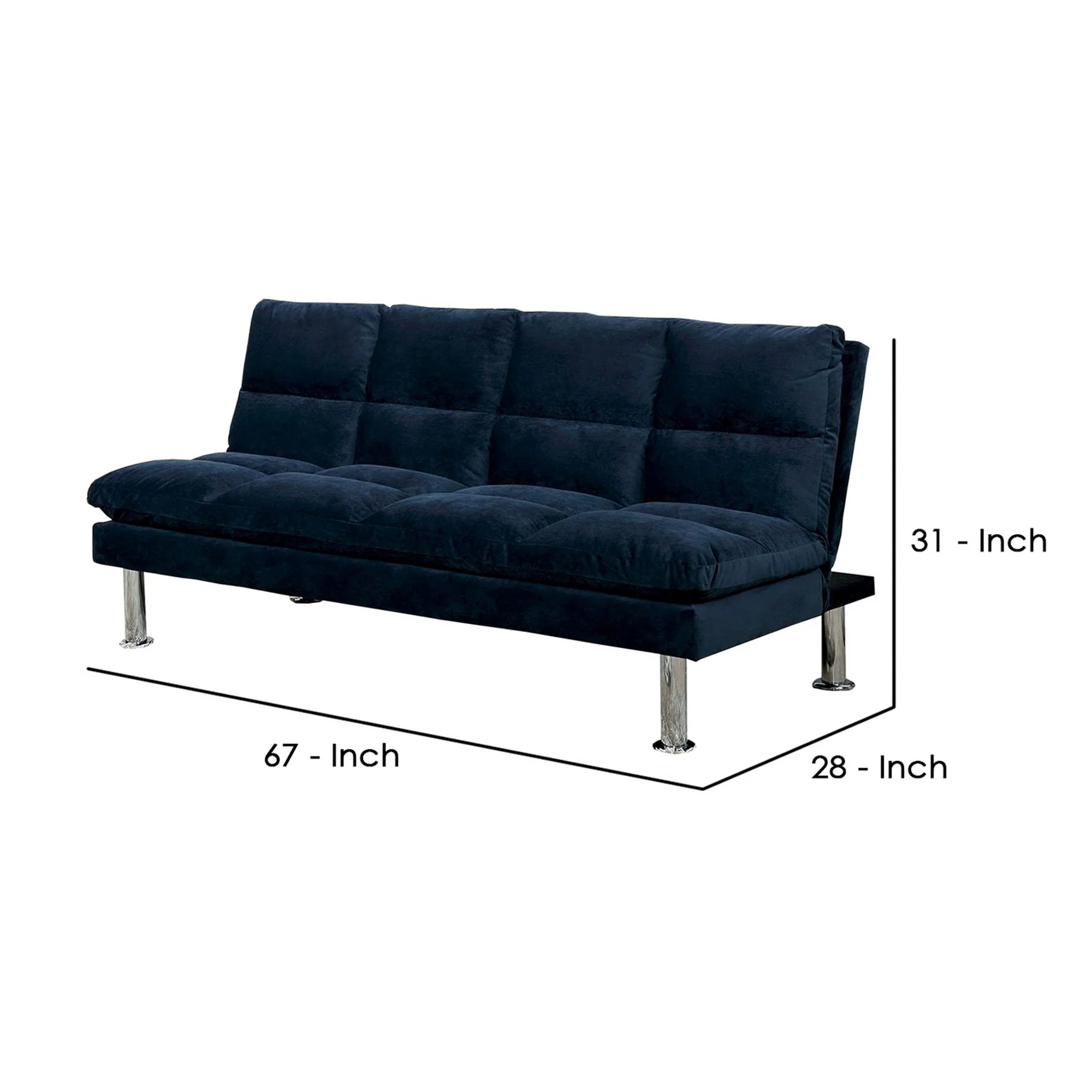 Futon Sofa With Tufted Padded Seating And Metal Legs Blue By Benzara - Image 5