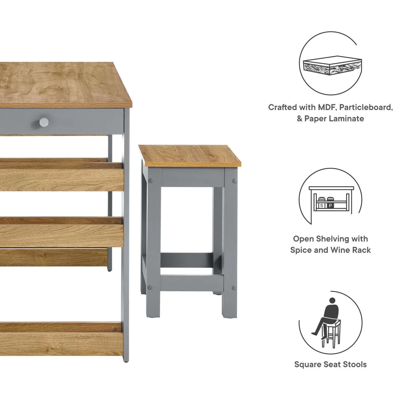 Galley 3-Piece Kitchen Island and Stool Set By Modway - EEI-6730 - Image 11