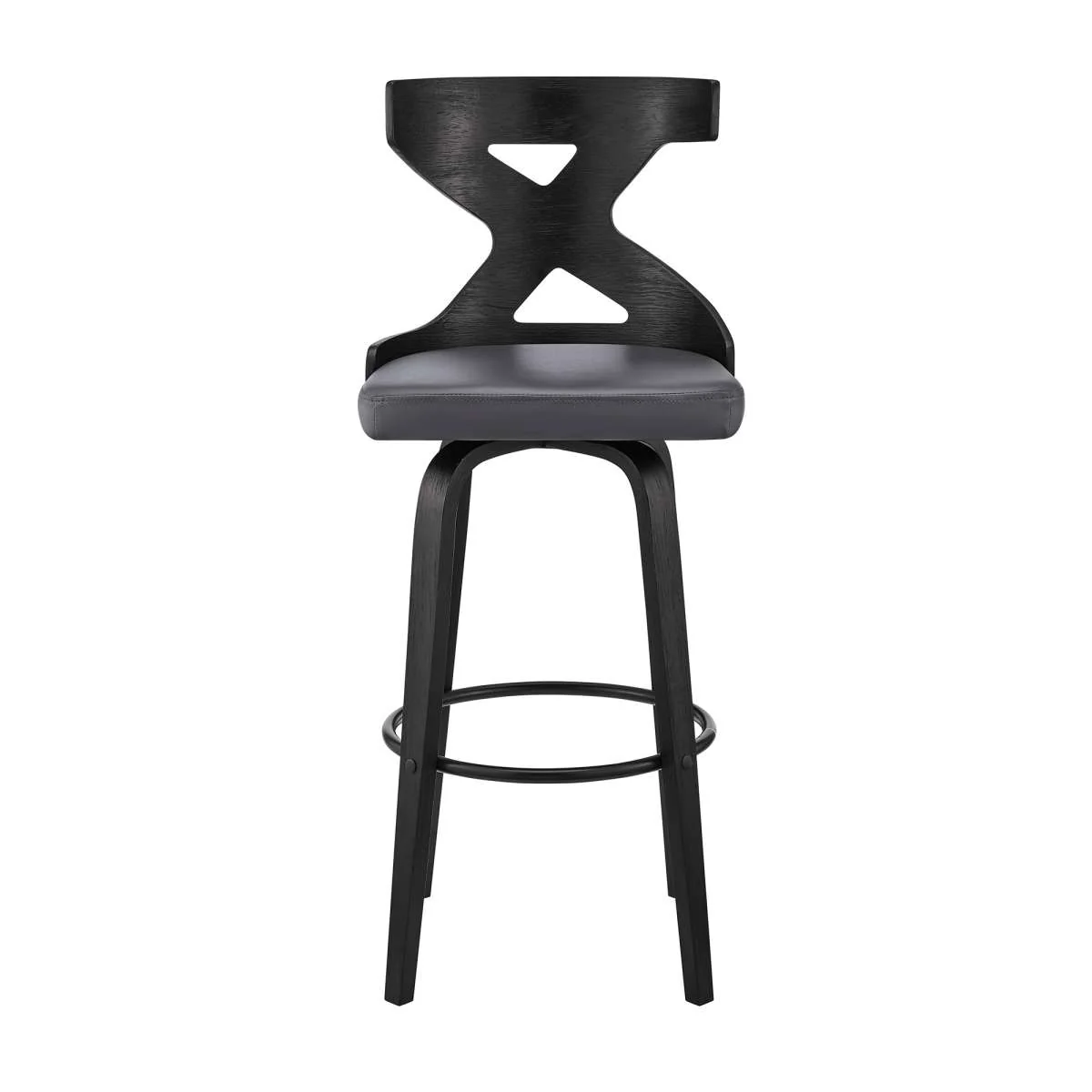 Gayle 26" Swivel Cross Back Grey Faux Leather and Black Wood Bar Stool By Armen Living - Image 2