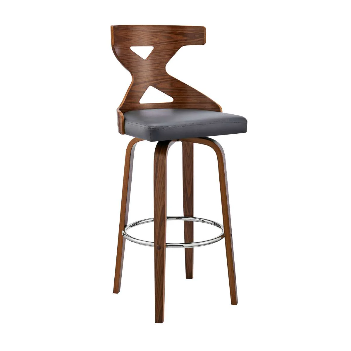 Gayle 26" Swivel Cross Back Grey Faux Leather and Walnut Wood Bar Stool By Armen Living - Image 2