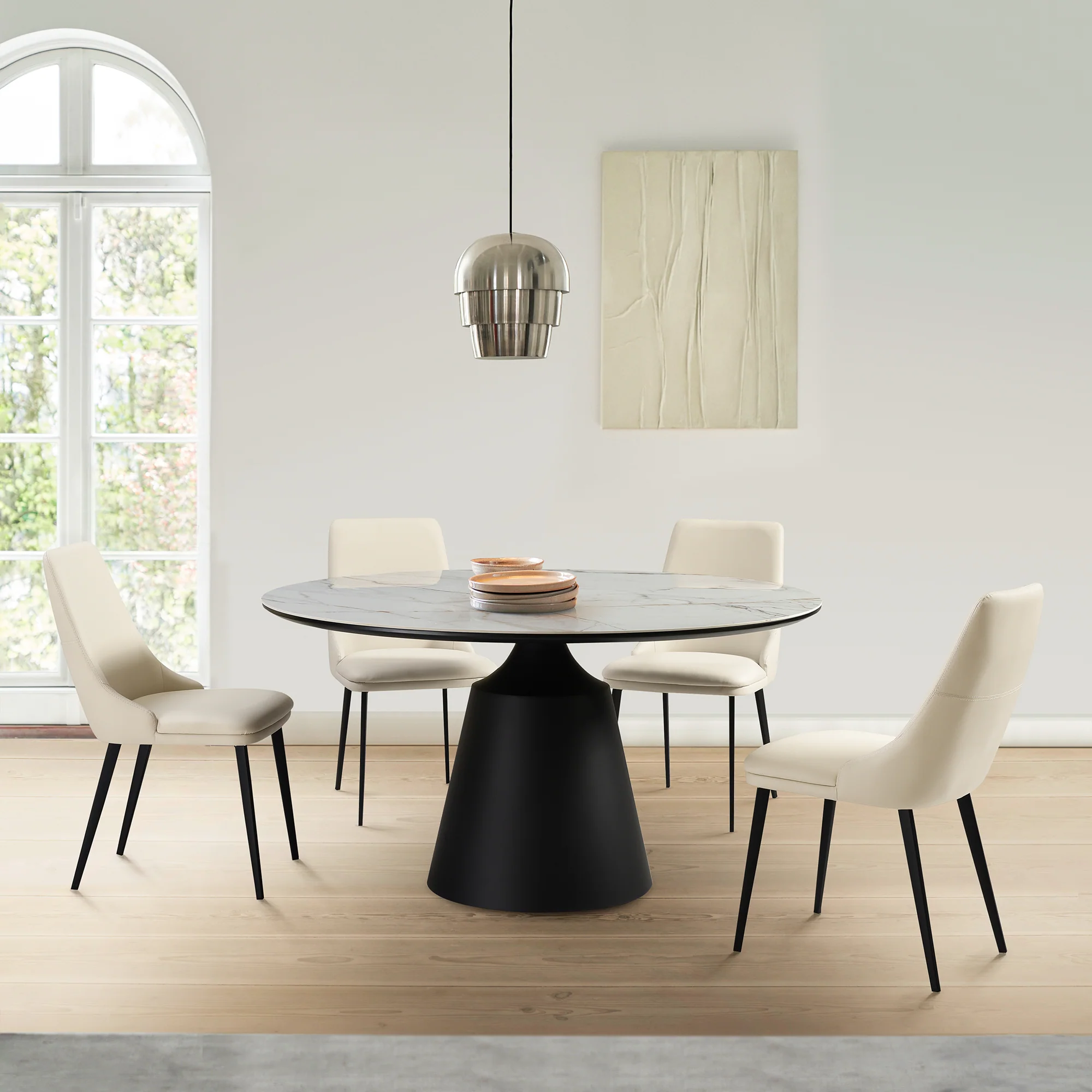 Genesis Upholstered Dining Chair in Beige Faux Leather with Black Metal Legs - Set of 2 By Armen Living - Image 2