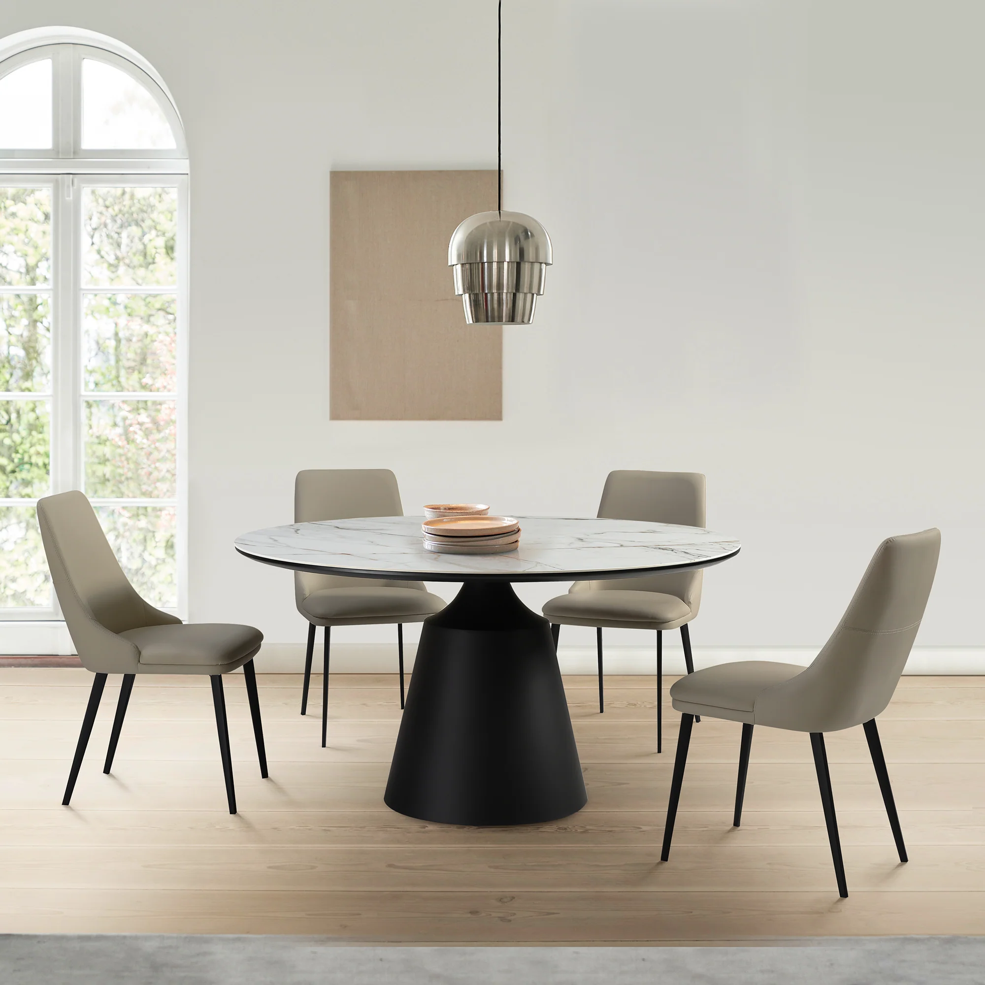 Genesis Upholstered Dining Chair in Taupe Gray Faux Leather with Black Metal Legs - Set of 2 By Armen Living - Image 2