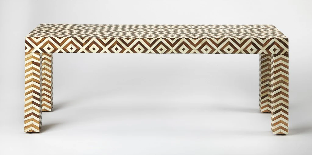 Geo and Chevron Teak and Bone Inlay Bench By Homeroots - Image 2