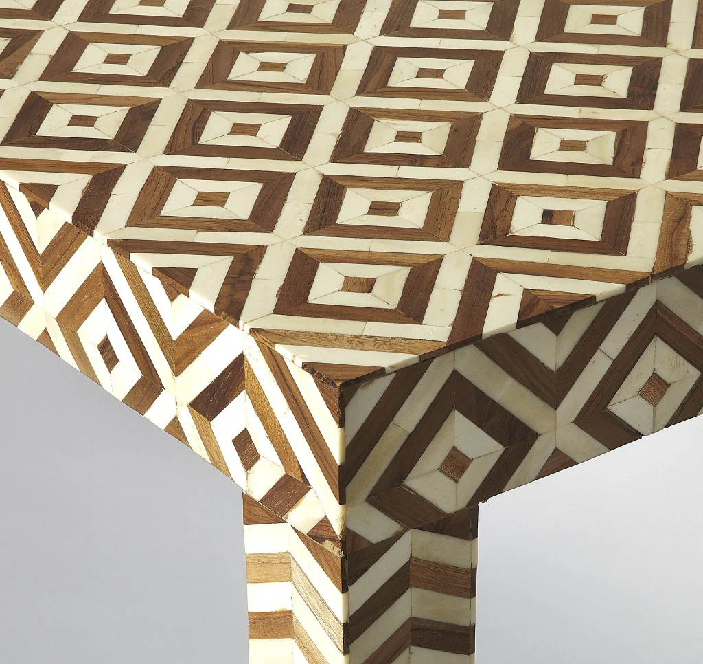 Geo and Chevron Teak and Bone Inlay Bench By Homeroots - Image 3