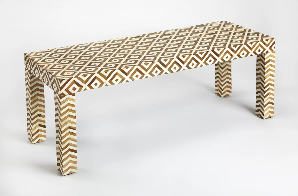 Geo and Chevron Teak and Bone Inlay Bench By Homeroots - Image 4