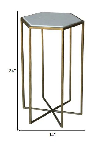 Geometric Gold and White Marble Side Table By Homeroots - Image 5