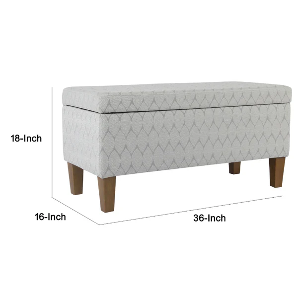 Geometric Patterned Fabric Upholstered Wooden Bench with Hinged Storage, Large, Gray and Brown By Benzara - Image 2
