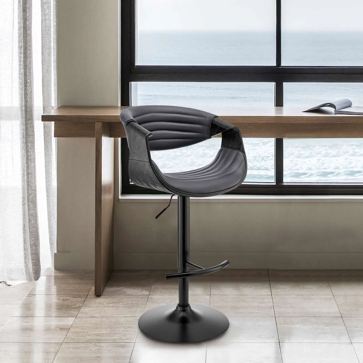 Gionni Adjustable Swivel Cream Faux Leather and Black Wood Bar Stool with Black Base By Armen Living - Image 9