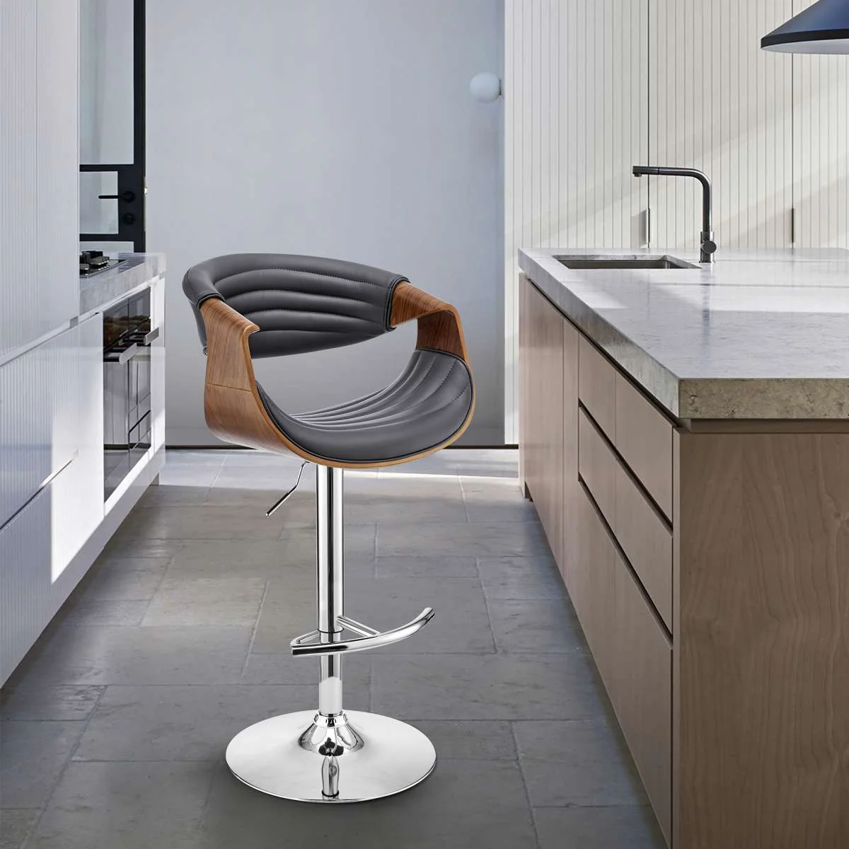 Gionni Adjustable Swivel Cream Faux Leather and Walnut Wood Bar Stool with Chrome Base By Armen Living - Image 9