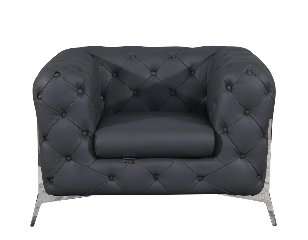 Glam Black and Chrome Tufted Leather Armchair By Homeroots - Image 16