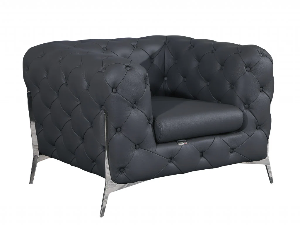 Glam Black and Chrome Tufted Leather Armchair By Homeroots - Image 17