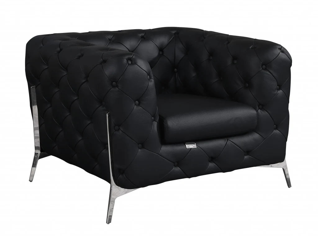 Glam Black and Chrome Tufted Leather Armchair By Homeroots - Image 2