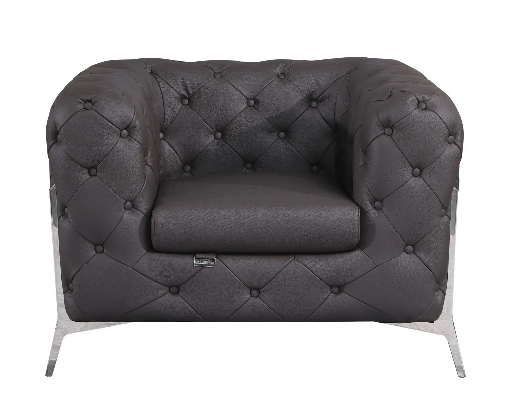 Glam Black and Chrome Tufted Leather Armchair By Homeroots - Image 6