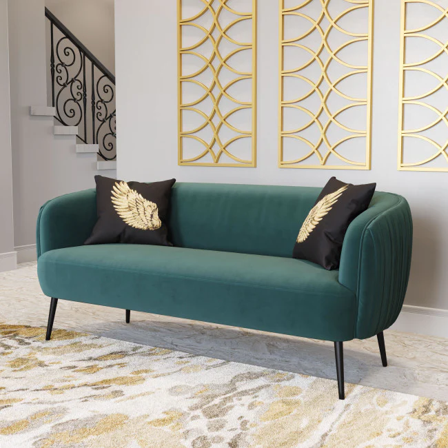 Glam Green Pleated Velvet with Black Sofa By Homeroots - Image 8