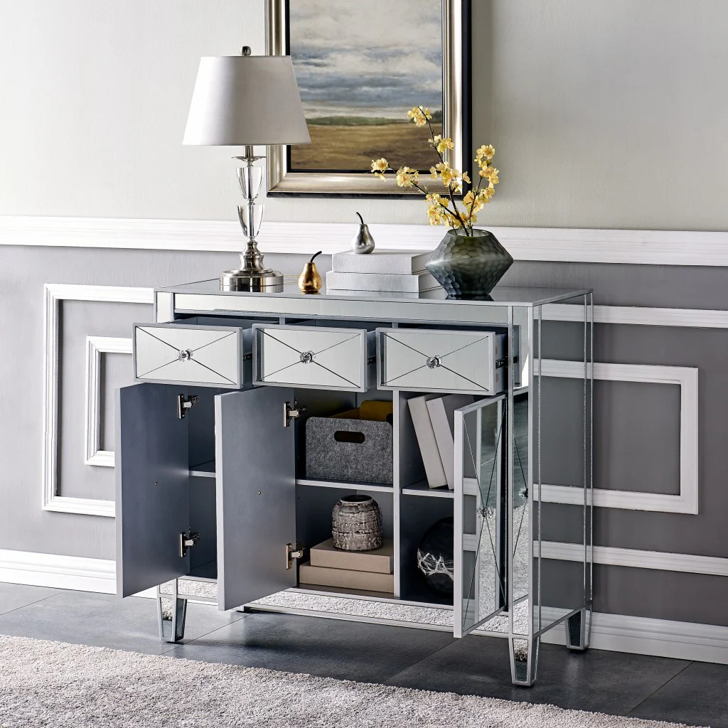 Glamorous Mirrored Bling Three Door Accent Cabinet By Homeroots - Image 3