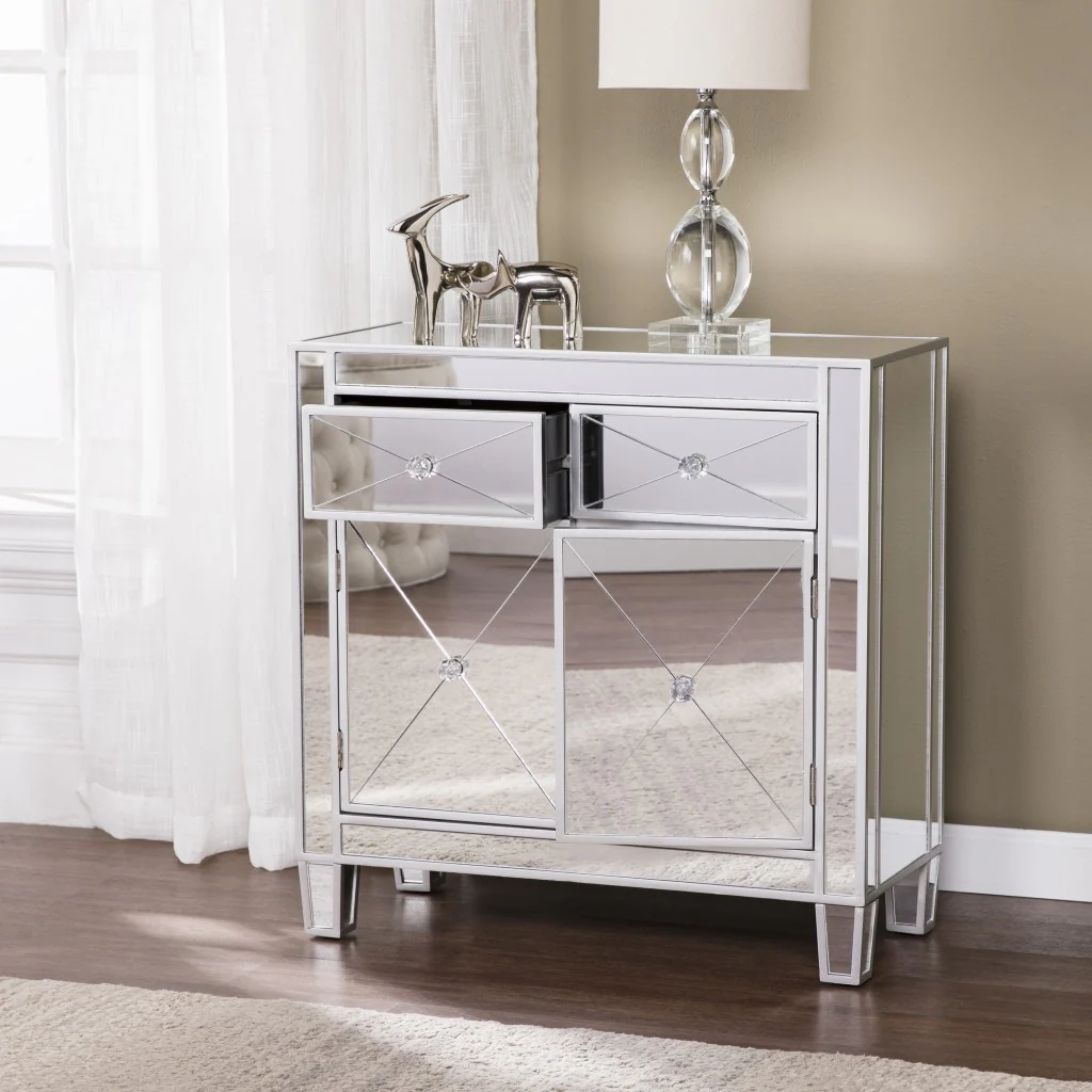 Glamorous Mirrored Bling Two Door Storage Accent Cabinet By Homeroots - Image 3
