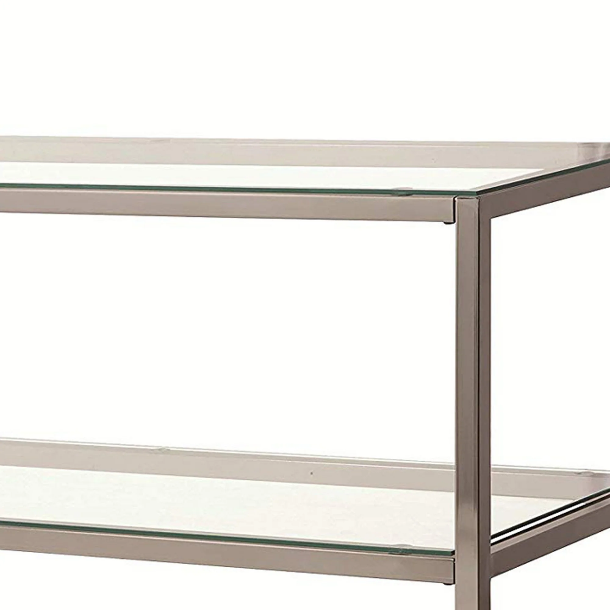 Glass And Metal Frame Sofa Table With 2 Open Shelves, Silver And Clear By Benzara - Image 2