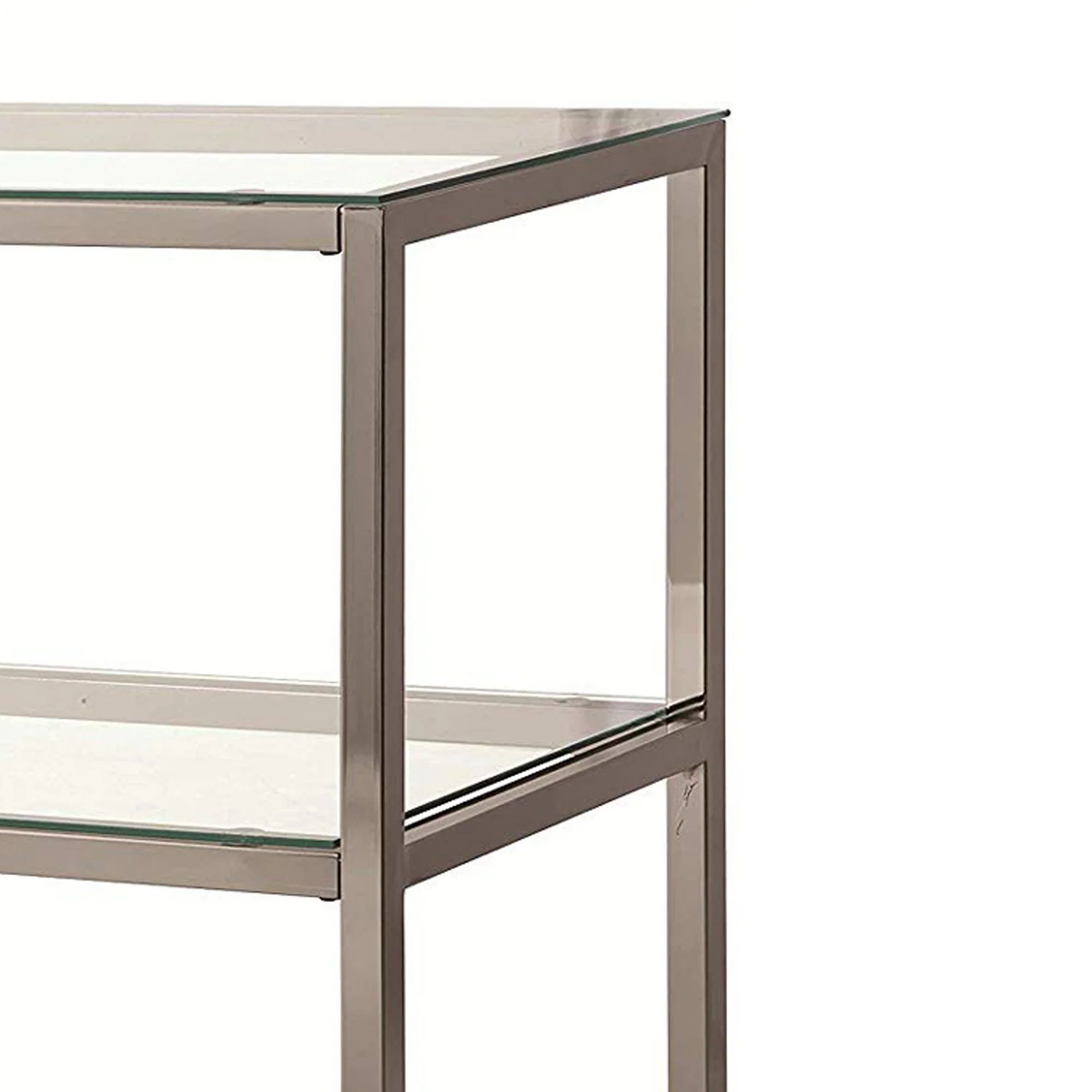Glass And Metal Frame Sofa Table With 2 Open Shelves, Silver And Clear By Benzara - Image 3