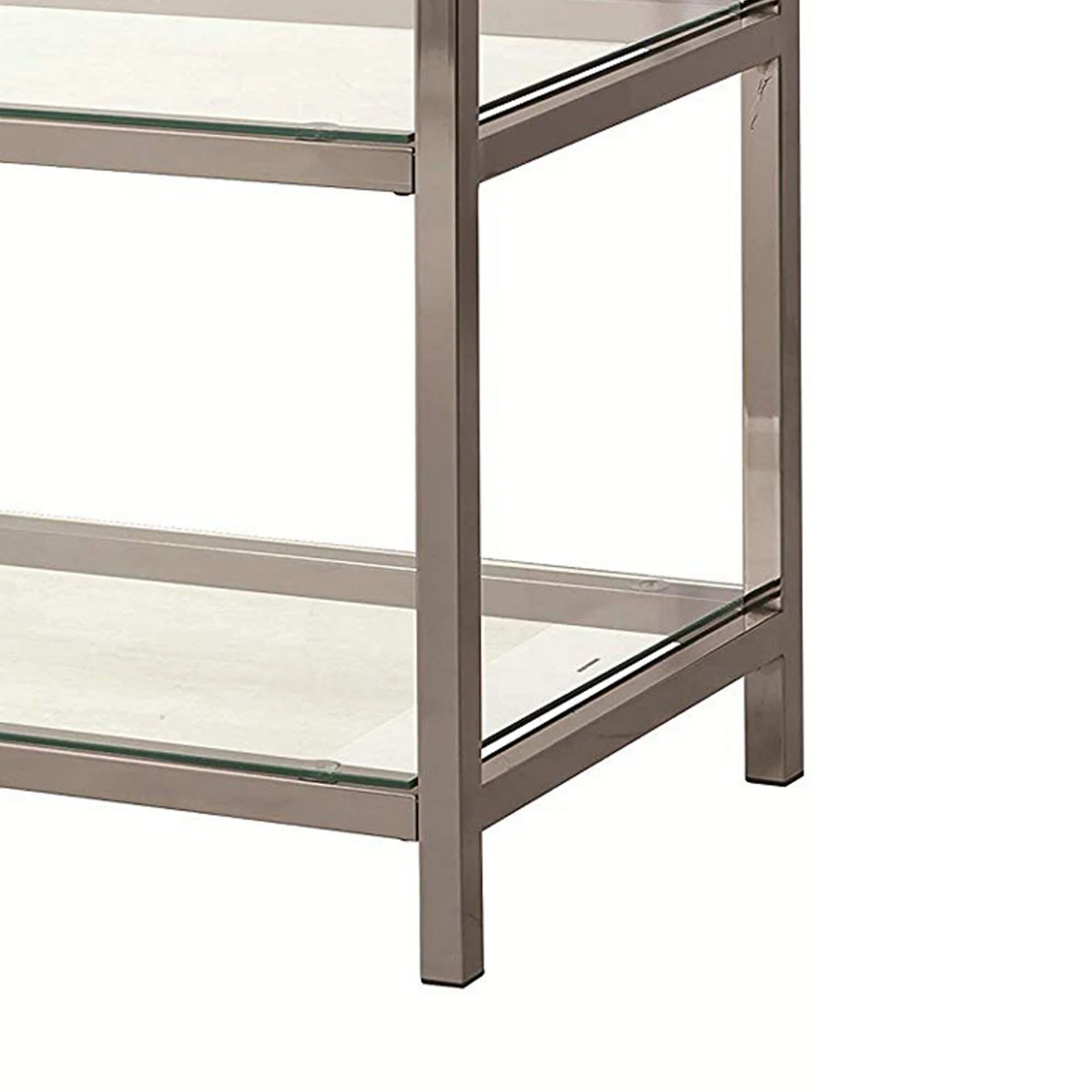 Glass And Metal Frame Sofa Table With 2 Open Shelves, Silver And Clear By Benzara - Image 4