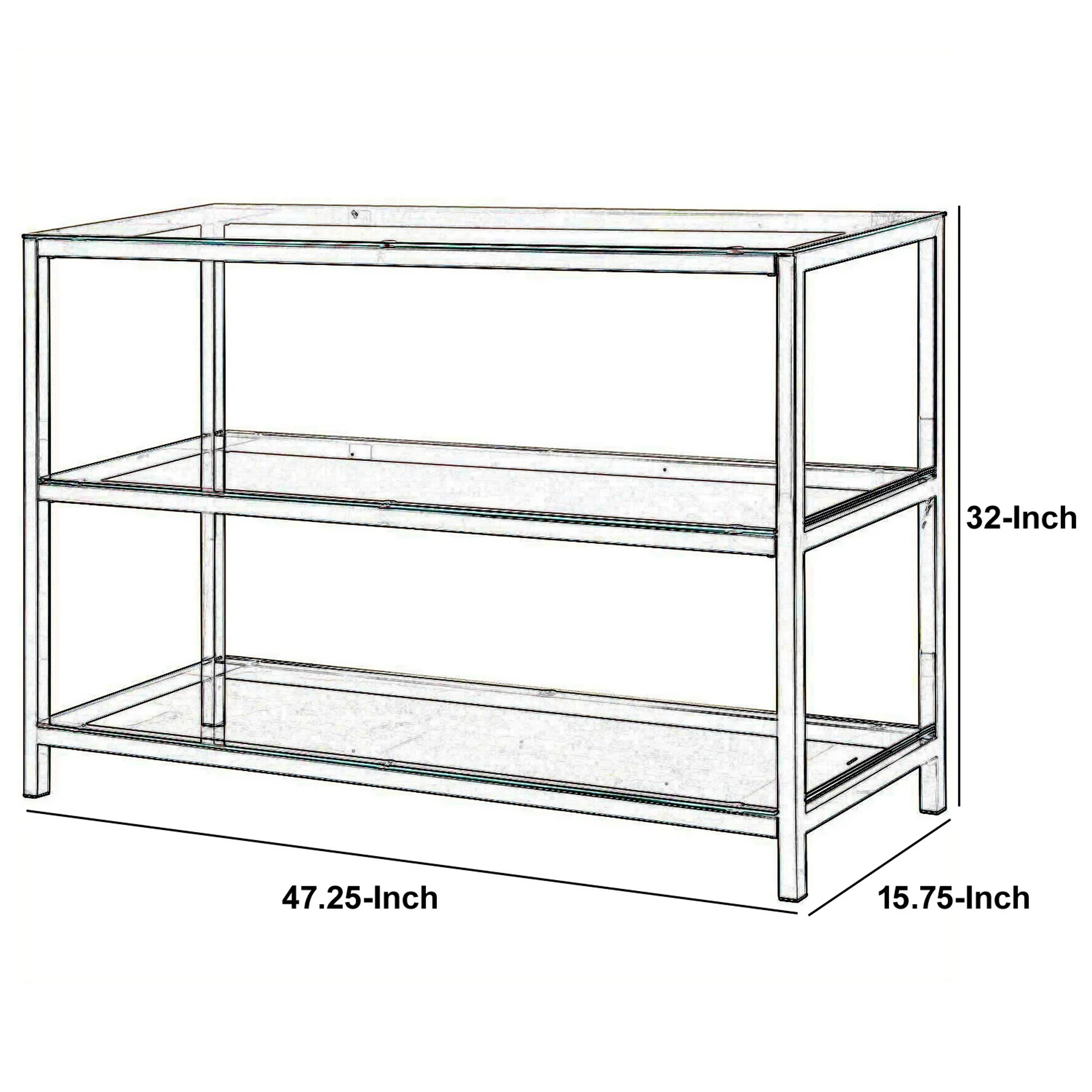 Glass And Metal Frame Sofa Table With 2 Open Shelves, Silver And Clear By Benzara - Image 5