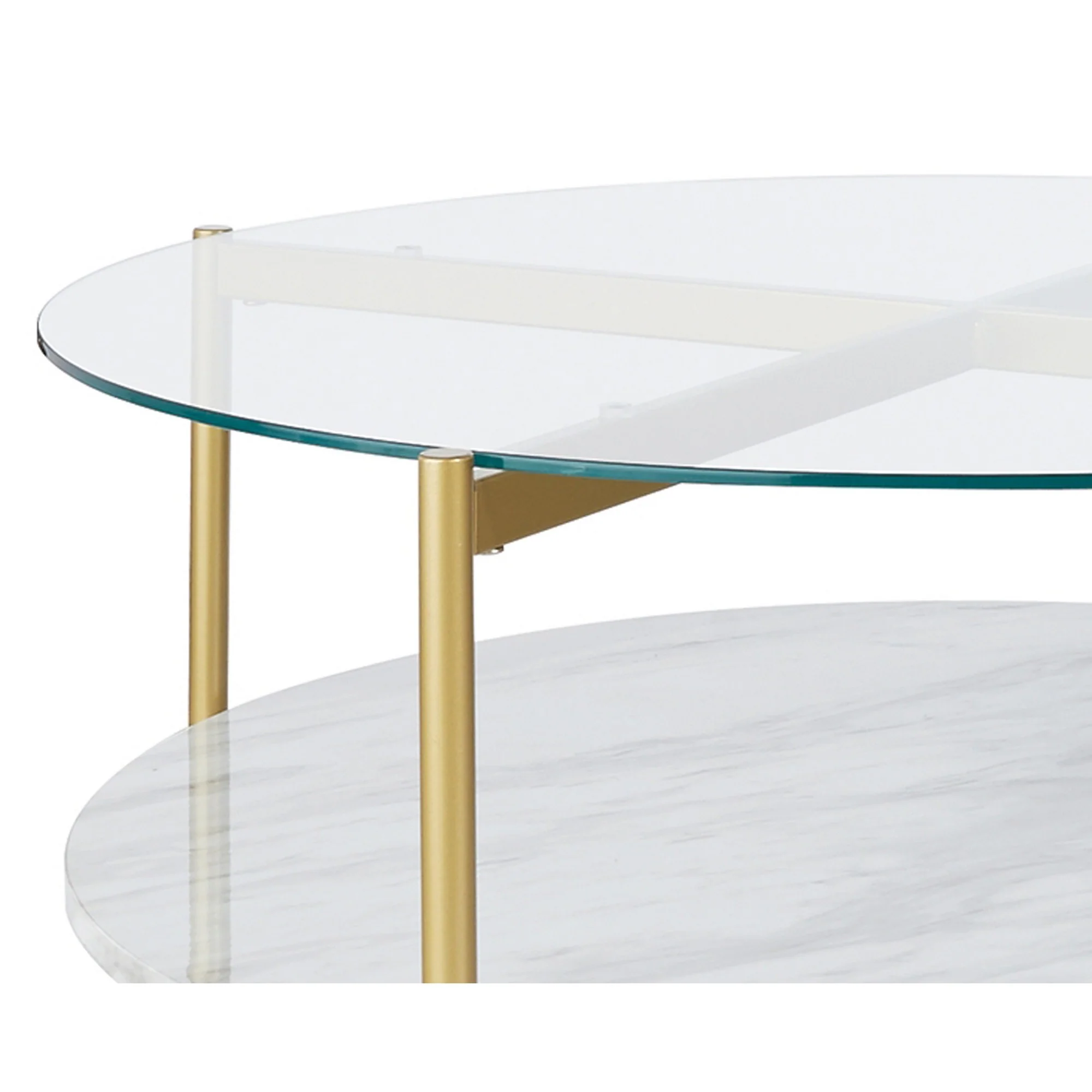 Glass Top Cocktail Table With Faux Marble Bottom Shelf, Clear And Gold By Benzara - Image 3