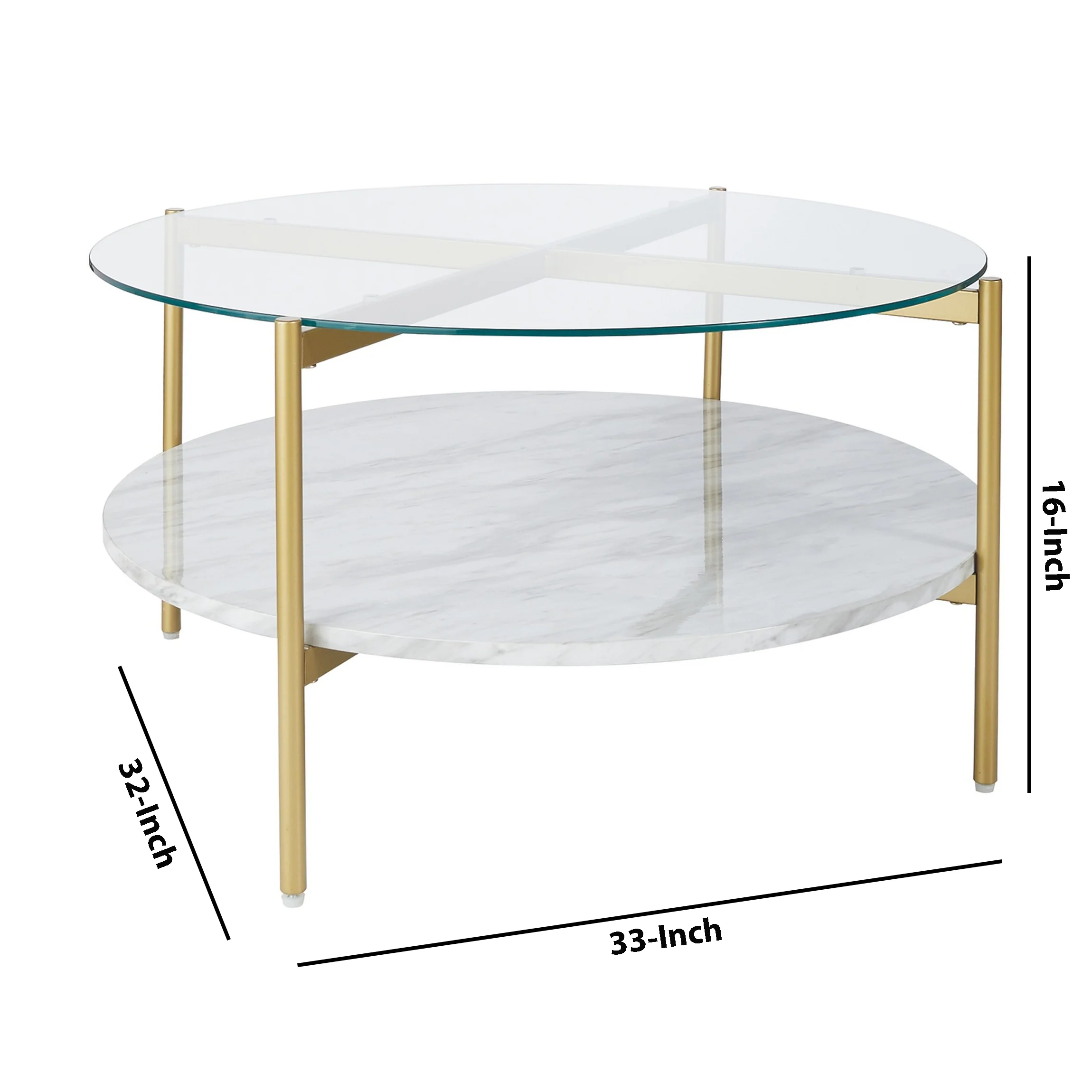 Glass Top Cocktail Table With Faux Marble Bottom Shelf, Clear And Gold By Benzara - Image 5