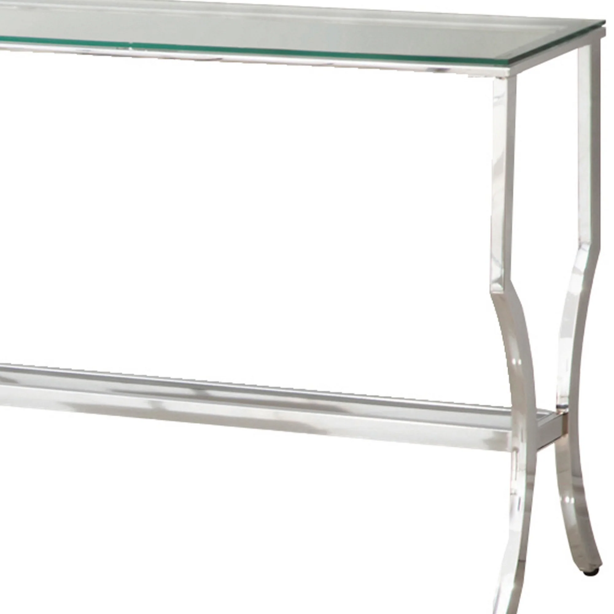 Glass Top Sofa Table With Metal Frame And Mirror Shelf, Chrome By Benzara - Image 3