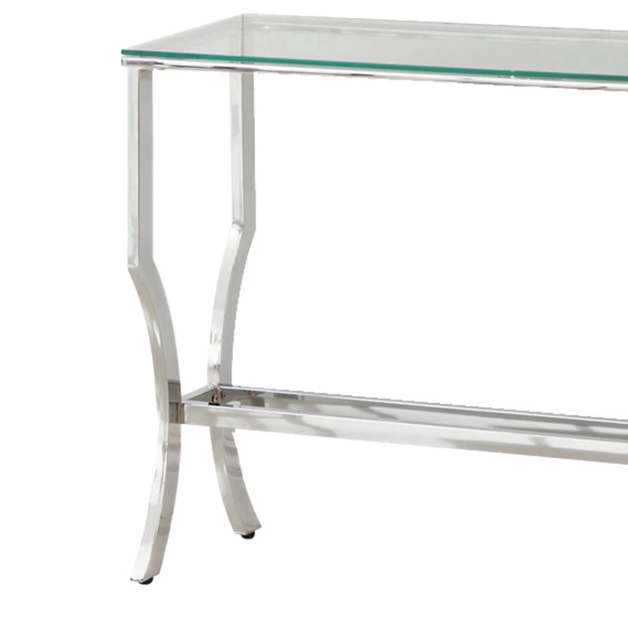 Glass Top Sofa Table With Metal Frame And Mirror Shelf, Chrome By Benzara - Image 4