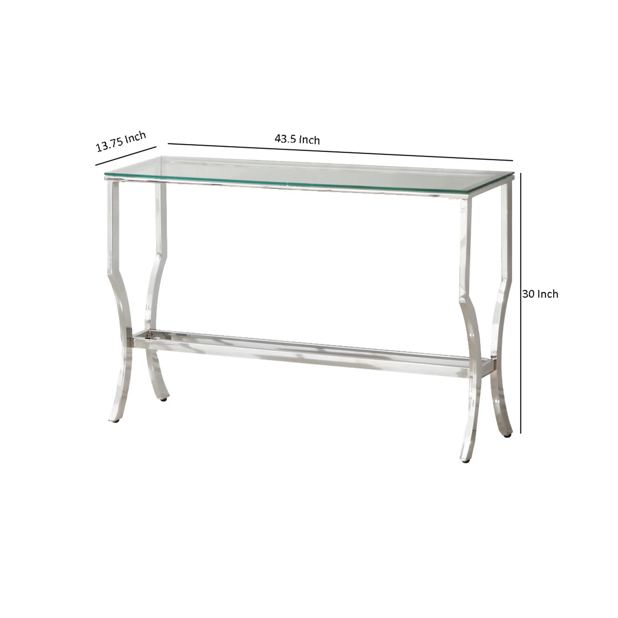 Glass Top Sofa Table With Metal Frame And Mirror Shelf, Chrome By Benzara - Image 5