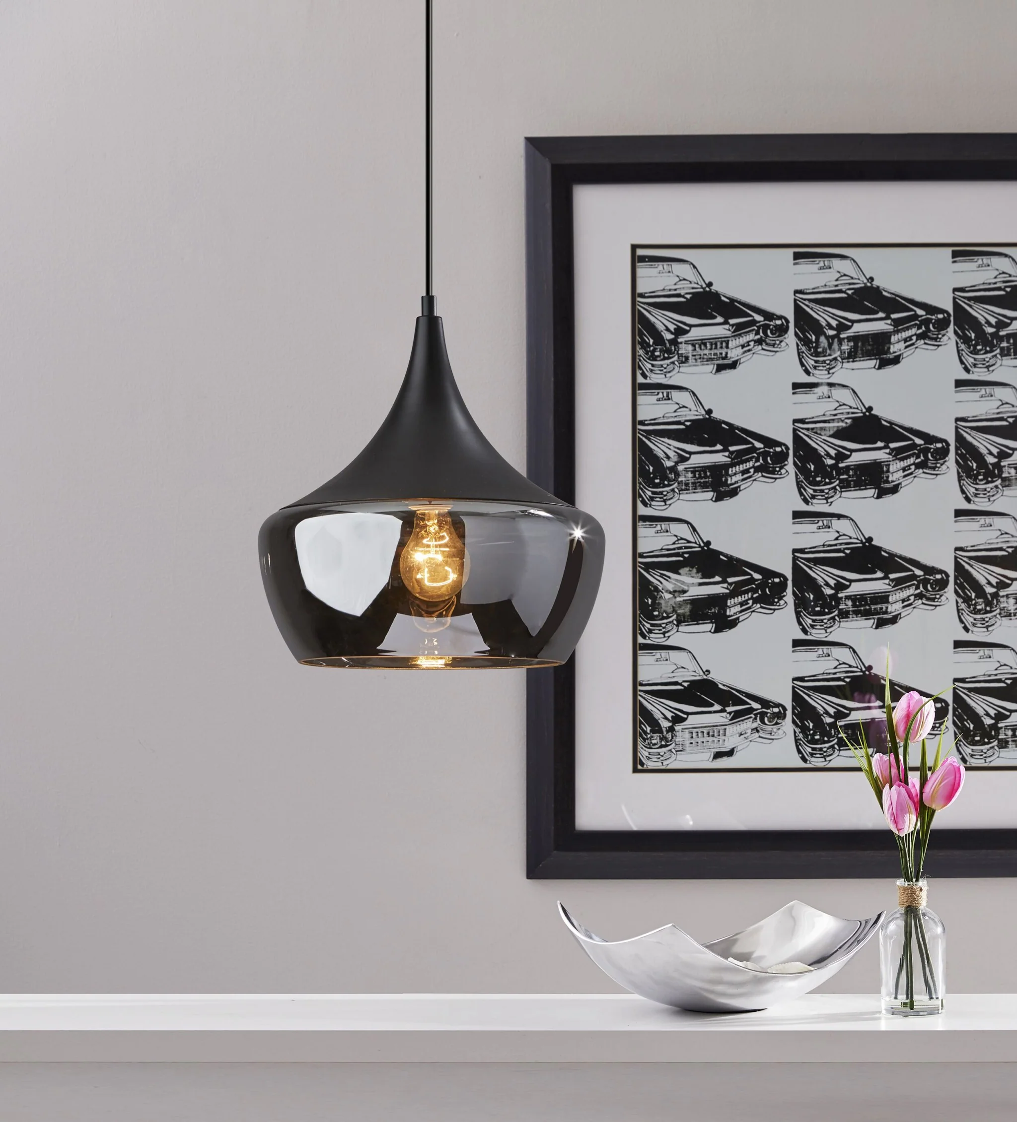 Gnome Smoked Glass Black Metal Pendant Lamp By Homeroots - Image 3