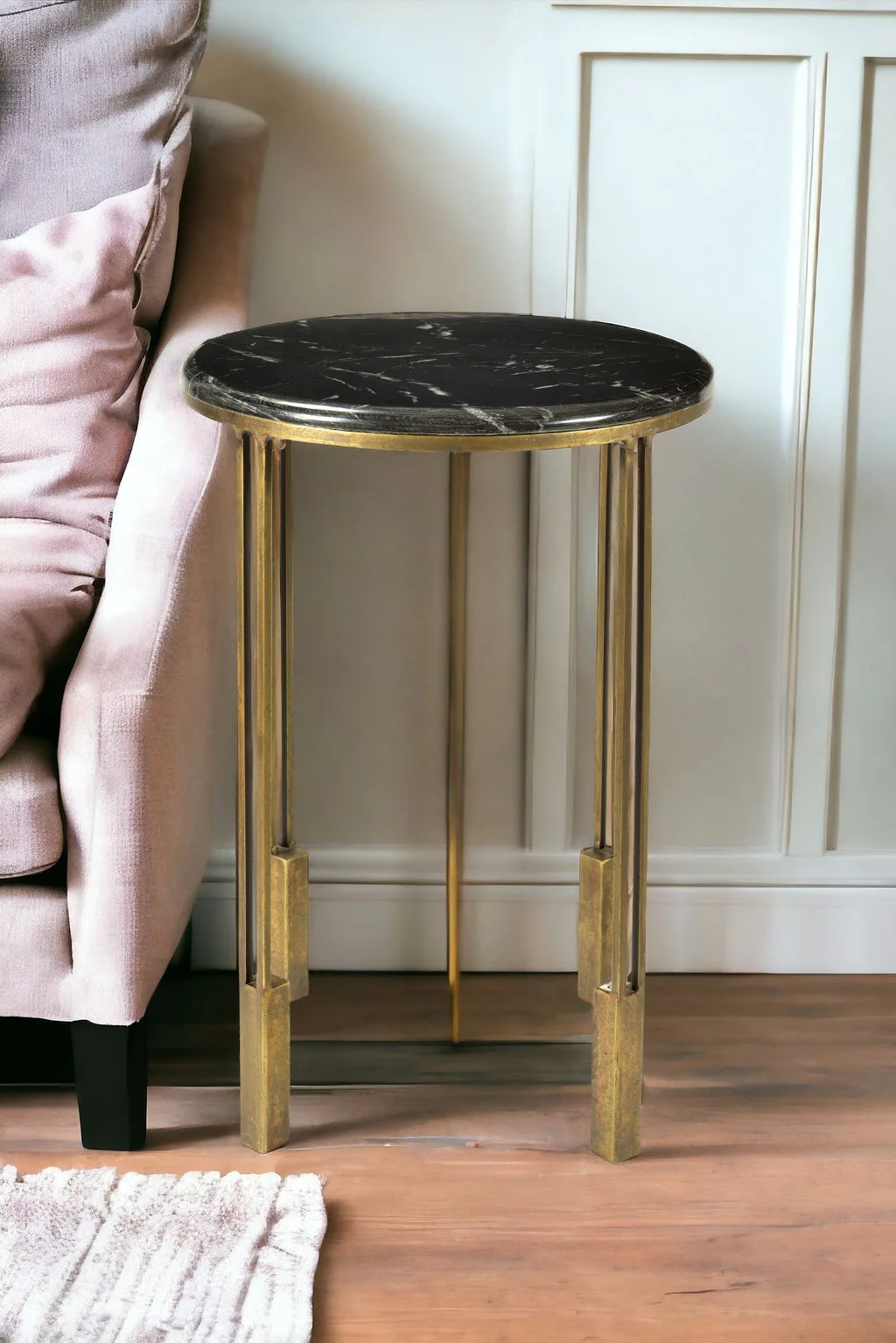 Gold And Black Marble And Iron Round End Table By Homeroots - Image 2