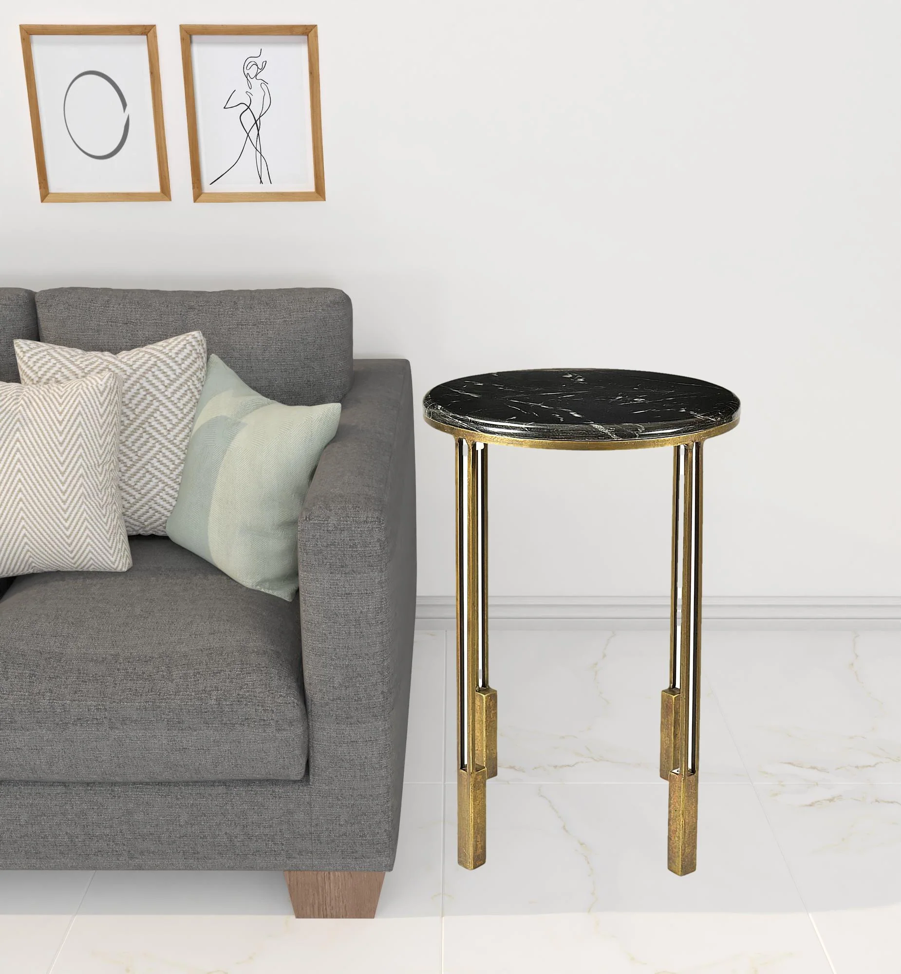 Gold And Black Marble And Iron Round End Table By Homeroots - Image 3