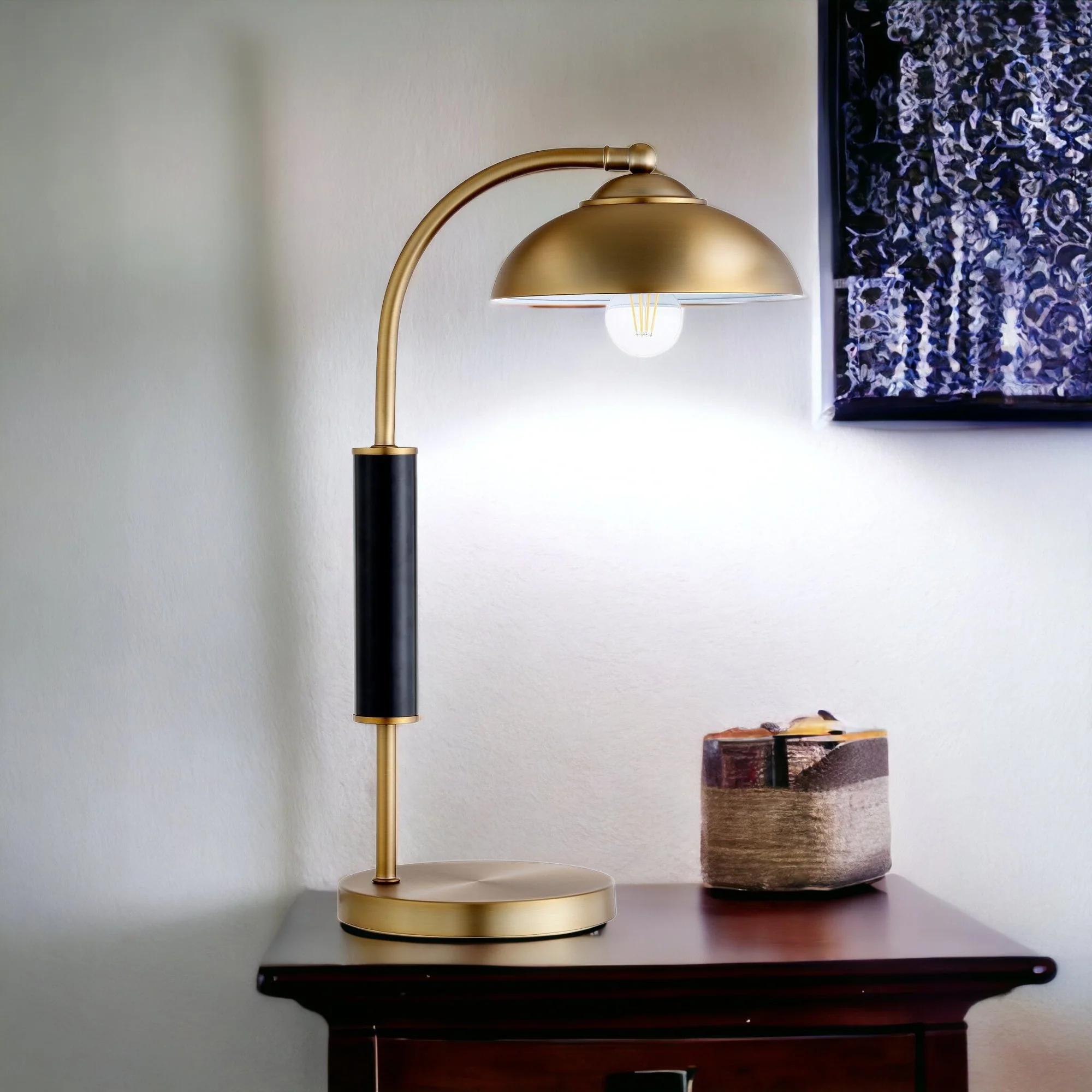 Gold and Black Metal Desk Table Lamp With Gold Dome Shade By Homeroots - Image 2